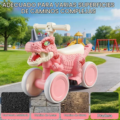 Vista 6 de Bicicleta de equilibrio para bebés de 1 año de edad, bicicletas de equilibrio de dinosaurio con sonidos, música y efectos de pulverización Rosa