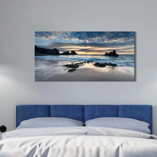 Vista 7 de Decoración de pared para sala de estar, lienzo impreso en lienzo con diseño de amanecer por la mañana en la playa, cuadro de paisaje azul