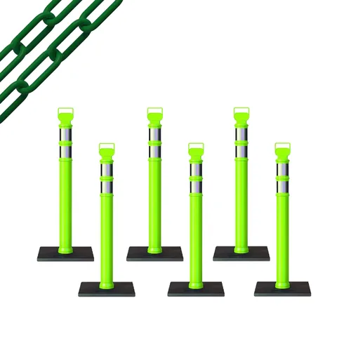 Vista 49 de CCW 6-Pack 45" Delineador Post Kit Kit de 3.0 in collares reflectantes, base de goma de 10 lb (6 postes blancos con cadena negra de 50 pies)