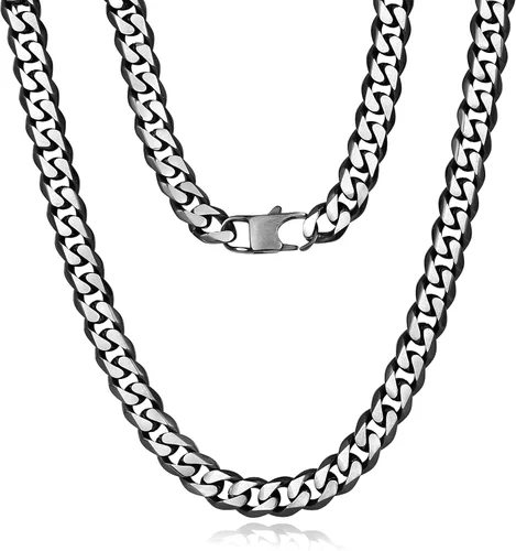 Vista 35 de YAMI Cadena de eslabones cubanos para hombre, azul/negro/oro de 14 quilates, acero inoxidable de 0.394-0.472 in de grosor, collar de cadena