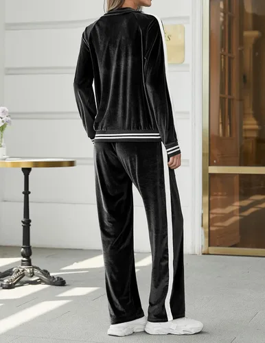 Vista 3 de Ekouaer Conjunto deportivo de terciopelo de terciopelo para mujer, 2 piezas, sudadera con cremallera y pantalones deportivos con bolsillos, tallas