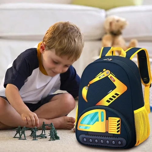Vista 3 de BTOOP Mochila para niños pequeños, impermeable, 3D, linda mochila para niños, preescolar, guardería, guardería, escuela primaria, Camión