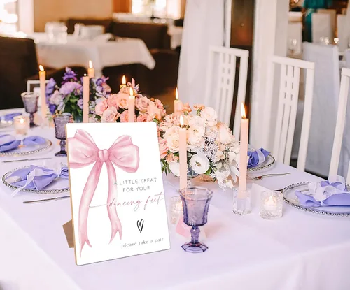 Vista 3 de Letreros de boda de madera con tema de lazo rosa, letrero con texto en inglés "A Little Treat for Your Dancing Fees", centros de mesa para mesas