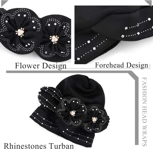 Vista 6 de Woeoe Gorro para la cabeza con diamantes de imitación negros, bufanda para la cabeza con perlas de flores, turbante para mujeres y niñas, Color-1