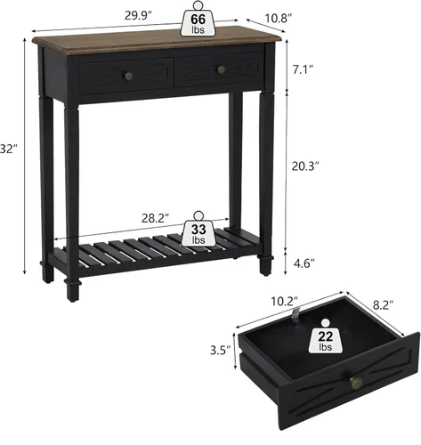 Vista 3 de KINTNESS Mesa de entrada, mesa consola estrecha con 2 cajones, mesa auxiliar de sofá con estantes para sala de estar, pasillo, color negro