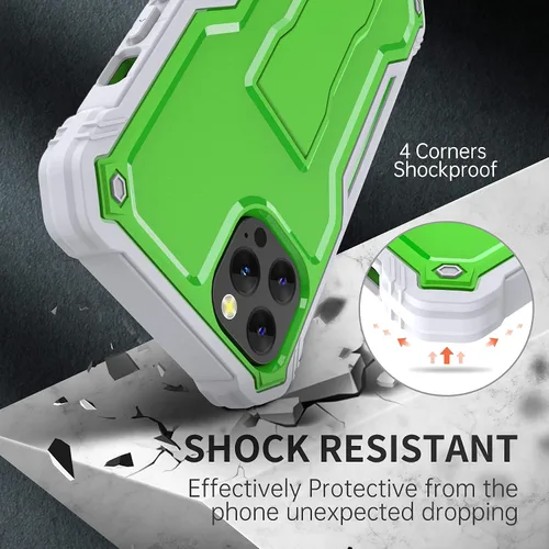 Vista 5 de FITO Funda para Apple iPhone 13, doble capa a prueba de golpes resistente con protector de pantalla de vidrio templado y soporte integrado (verde)