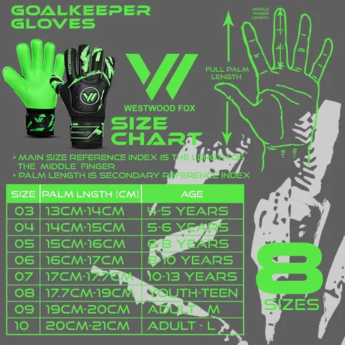 Vista 4 de WESTWOOD FOX Guantes de portero Guantes de portero de fútbol con protección para los dedos para niños, jóvenes, adultos, agarre pesado en la palma