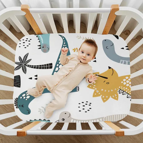 Vista 6 de Sábanas ajustables para cuna para niños y niñas, suaves, transpirables, cómodas, estilo dinosaurio, escandinavo, juego de sábanas para cuna estándar