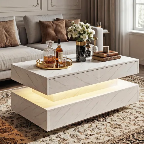 Vista 10 de Mesa de centro para sala de estar, mesa de centro moderna con 2 cajones de almacenamiento, mesa central de 2 niveles de madera con luces LED de 20