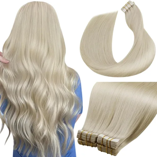 Vista 22 de LaaVoo Extensiones adhesivas de cabello humano real, color negro azabache, extensiones de cabello humano liso y sedoso, 10 pulgadas, 20