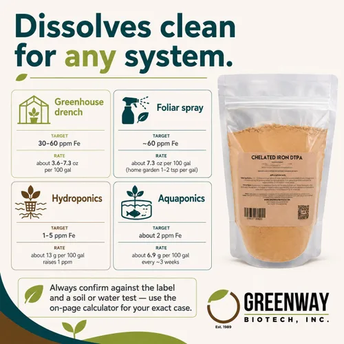 Vista 6 de Greenway Biotech, Inc. Hierro quelado DTPA 11% – para suelos alcalinos (pH 4.0-7.5) – Fertilizante 100% soluble en agua para cítricos, césped e