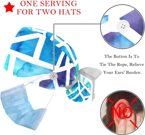 Vista 3 de 2 Pcs Womens Working Caps with Button Flamingo Green Tropical Leaves Pattern Long Hair Cover Ribbon Lace-Up Hat