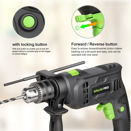 Vista 4 de GALAX PRO Taladro de martillo con cable de 4.5 amperios 0-3000 RPM, 5 brocas, martillo y taladro, 2 funciones en 1 con 12 velocidades variables