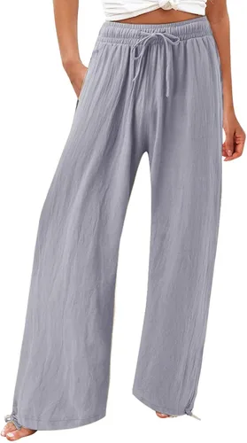 Vista 48 de SHAOBGE Pantalones palazzo de verano para mujer, cintura alta, pierna ancha, casual, cintura elástica, pantalones de playa con bolsillos