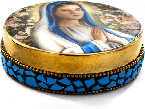 Vista 6 de Juego de rosario religioso de la Virgen María que rezaba a la Virgen María incluye caja de joyería de la Virgen en Oración caja de lata y rosario