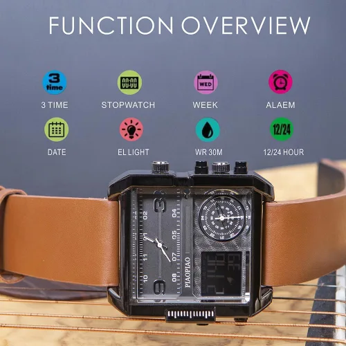 Vista 6 de Reloj de pulsera digital cuadrado unisex, reloj de cuarzo de cara grande LED, reloj automático analógico con cronómetro impermeable con zona