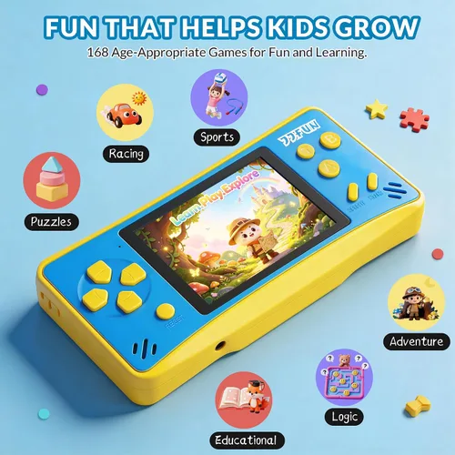 Vista 3 de Juegos de mano para niños de 4 a 12 años, 168 videojuegos retro integrados, reproductor de juegos portátil con pantalla de 3.2 pulgadas, recargable