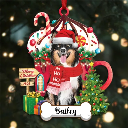 Vista 69 de Akita1 - Adorno personalizado para perro, adorno de perro con nombre personalizado, plano impreso en 2D, acrílico colgante, Papá Noel y perro