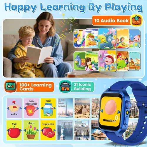 Vista 4 de Reloj inteligente de juego para niños con 32 juegos, cámara telescópica, podómetro, alarma, video, música, audiolibro, tarjeta de aprendizaje
