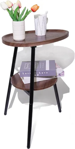 Vista 9 de Mesa auxiliar pequeña, mesa redonda ovalada de madera, mesa de sofá de 2 niveles, mesita de noche con marco de metal para sala de estar, dormitorio