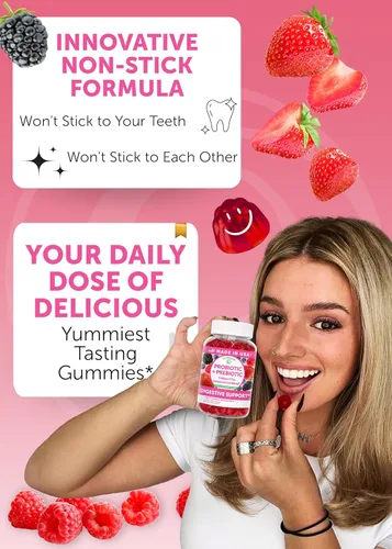 Vista 3 de Lunakai Gomitas prebióticas + probióticas fabricadas en Estados Unidos para mujeres y hombres, alta potencia, 5 mil millones de UFC con fibras