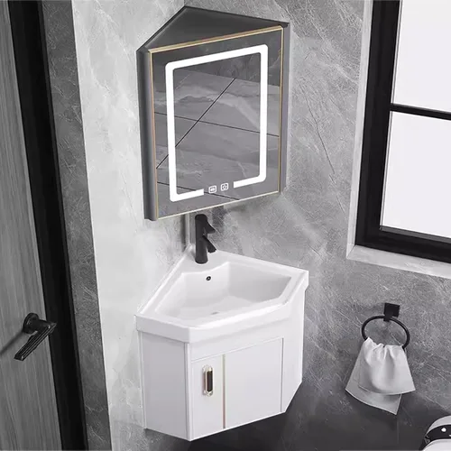 Vista 8 de Armario de tocador de baño de esquina con fregadero y armario con espejo LED, mueble de tocador de esquina con lavabo, armario de lavabo de baño