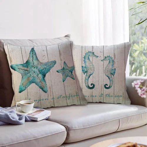 Vista 4 de ULOVE LOVE YOURSELF Fundas de almohada con temática de océano de verano, diseño de estrellas de mar de grano de madera, hipocampo con citas, fundas