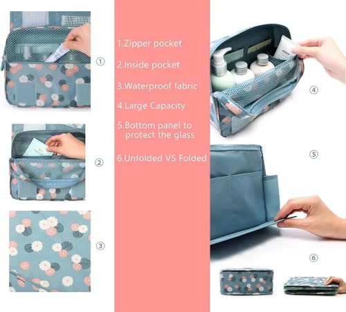 Vista 4 de Bolsa para productos cosméticos. Bolsa para colgar productos de tocador. Organizador de viaje, para hombre y mujer., Azul Flores)
