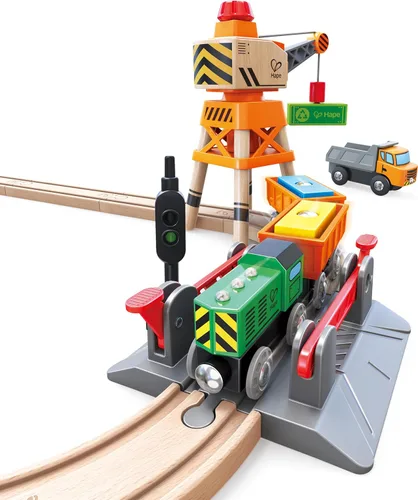 Vista 5 de Hape Juego de cruces y grúas Juego de carga ferroviaria de madera de 32 piezas para niños, multicolor