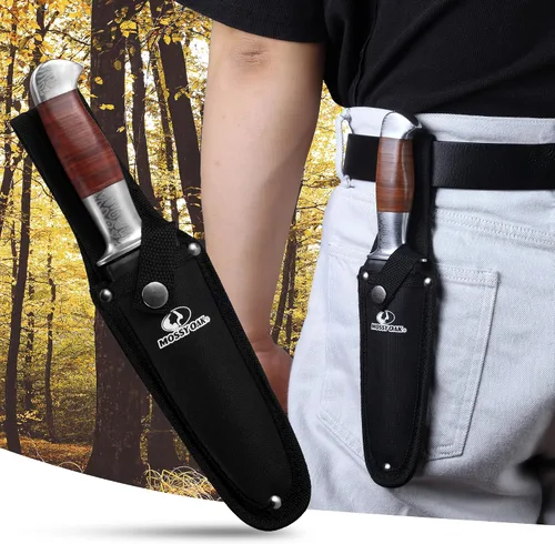 Vista 9 de Mossy Oak Cuchillo Bowie de hoja fija, cuchillo de caza de 2 piezas con mango de cuero con patrón láser, funda incluida