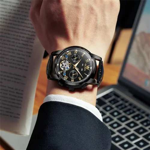 Vista 2 de OLEVS - Reloj para hombre automático de lujo con Tourbillon, cronógrafo, cara grande, calendario, de cuerda automática, relojes de pulsera