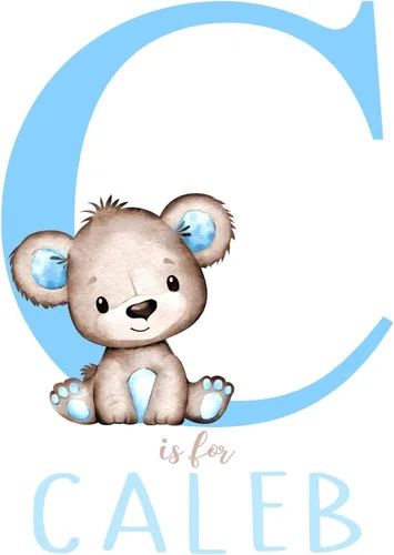Vista 5 de Arte de pared personalizado con diseño de oso de acuarela azul para bebé niño, decoración de guardería, sin marco, monograma inicial de letra