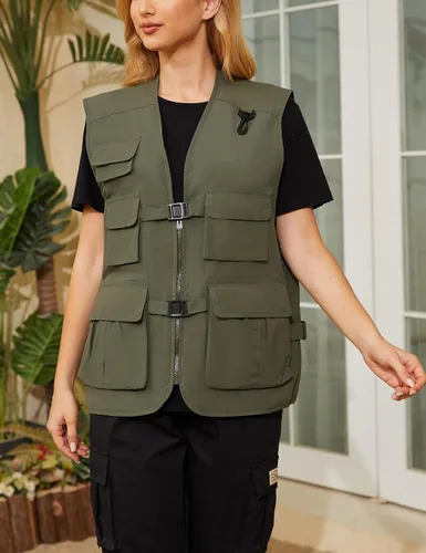 Vista 2 de Wyeysyt Chaleco de pesca para mujer, chaleco de viaje para trabajo al aire libre con múltiples bolsillos