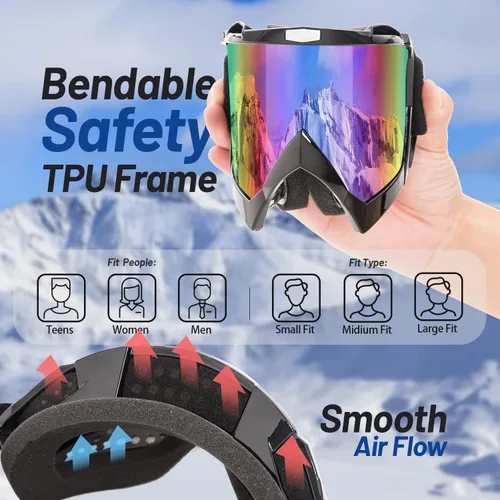 Vista 6 de Braylin Gafas de esquí para adultos, paquete de 2 gafas de snowboard para jóvenes, adolescentes, hombres y mujeres, gafas de moto de nieve de visión