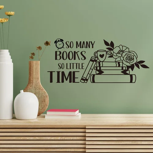 Vista 2 de Calcomanía de vinilo con texto en inglés «So Many Books So Little Time» para pared de lectura, citas, decoración para sala