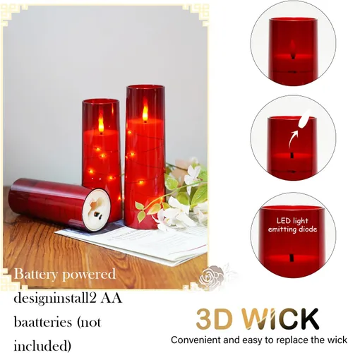Vista 2 de Velas sin llama, funcionan con pilas, 5 velas LED acrílicas parpadeantes con control remoto, con cadena de estrellas incrustada, vela de pilar sin