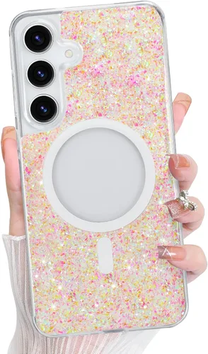 Vista 336 de Bonoma - Funda compatible con Samsung Galaxy S21 Plus, diseño de corazón con purpurina, color rosa Support for MagSafe, Plating Magnetic Case TPU