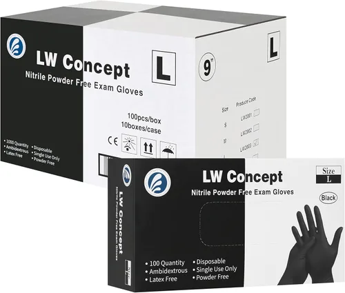 Vista 3 de LW Concept - Guantes desechables de nitrilo negro - Sin látex y polvo (grande)