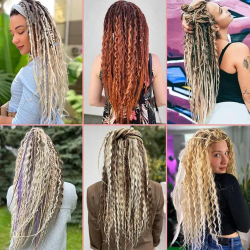 Vista 5 de Leeven Extensiones de Rastas Sintéticas de Doble Punta de 24 Pulgadas 30 Hebras Rastas Boho 613 Rubio 3 Estilos Mixtas Onduladas Rizadas DE Rastas