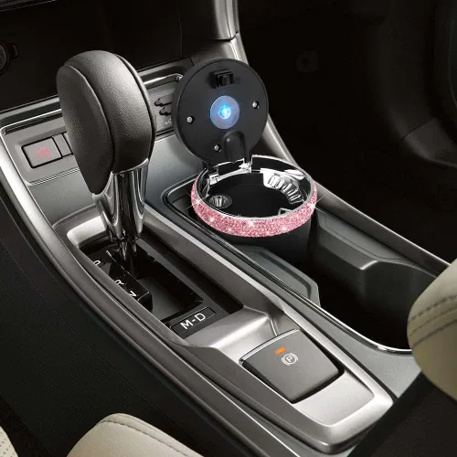 Vista 3 de SAVORI Cenicero de automóvil para mujeres y hombres, portavasos, portátil, sin humo, con indicador de luz LED azul, accesorios para automóvil (rosa)