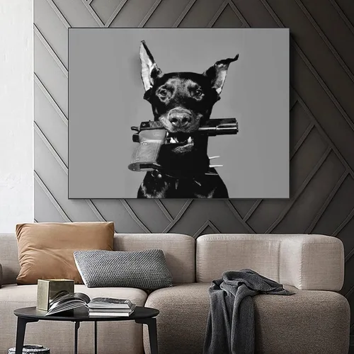 Vista 3 de HDYDJS Doberman Pinscher - Póster estético de pistola blanca y negra, pósteres e impresiones artísticas de pared para sala de estar, dormitorio