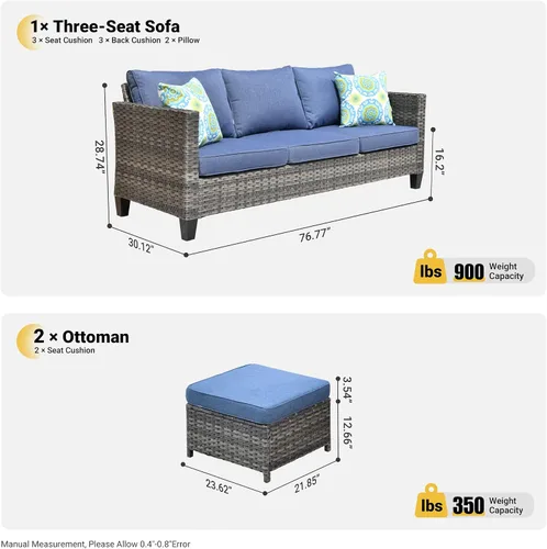 Vista 8 de ovios Juego de muebles de patio de 3 piezas para exteriores con otomanas, sofá de ratán de mimbre con reposapiés, cómodos cojines, sofás para todo
