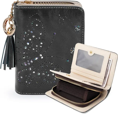 Vista 10 de KITEVIUN Cartera RFID delgada para mujer con doble pliegue, tarjetero con cremallera y monedero, cartera ultradelgada compacta con ventana