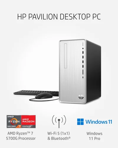 Vista 2 de HP Pavilion PC de escritorio, AMD Ryzen 7 5700G, 16 GB de RAM, SSD de 512 GB, Windows 11 Pro, conectividad Wi-Fi 5 y Bluetooth, 9 puertos USB, combo