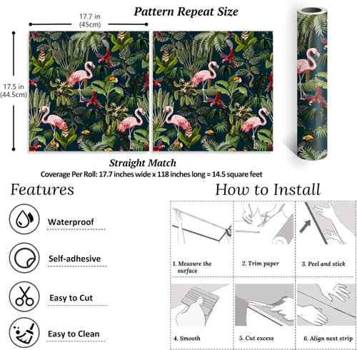 Vista 8 de VEELIKE Papel tapiz autoadhesivo de animales de selva oscura para despegar y pegar, papel tapiz de pájaros exóticos tropicales de 17.7 x 118