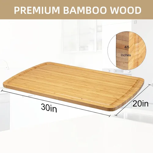 Vista 4 de Tabla de cortar de bambú extra grande de 30 pulgadas para cocina, tabla de cortar de madera con ranura para jugo, tabla de cortar reversible