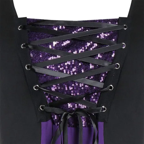 Vista 4 de LOKODO Disfraz gótico de Halloween para mujer talla grande blusa de manga larga con lentejuelas con cordones túnica vestido de baile