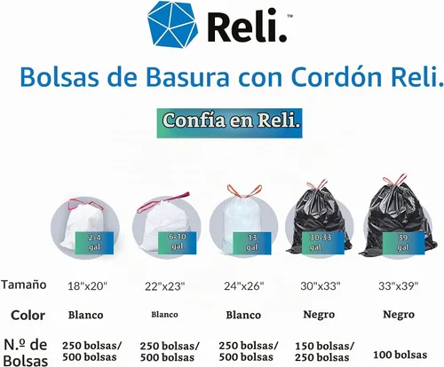 Vista 7 de Reli. Bolsas de basura con cordón de 13 galones 250 unidades a granel Bolsas de basura altas para cocina, color blanco, 13-16 galones