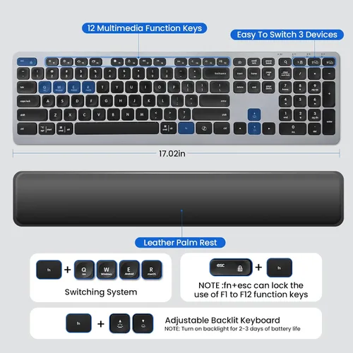 Vista 4 de Teclado inalámbrico, teclado Bluetooth con reposamanos de cuero, retroiluminación, emparejamiento multidispositivo, USB C recargable, para Windows