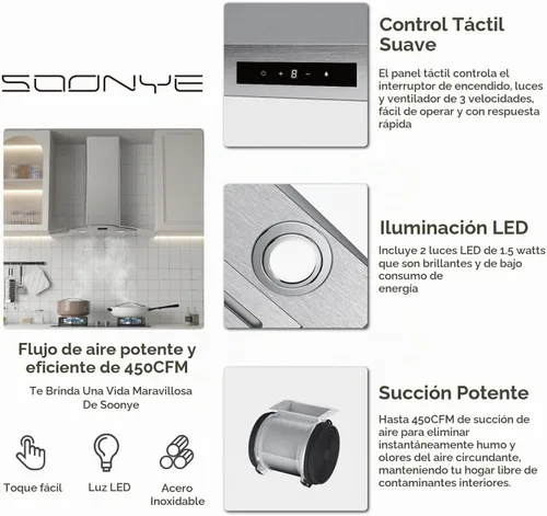 Vista 3 de Campana extractora de pared curva de vidrio de 30 pulgadas con 450 CFM de acero inoxidable, convertible sin conductos/con conductos con extractor
